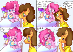 Size: 908x647 | Tagged: safe, artist:therainbowtroll, cheese sandwich, li'l cheese, pinkie pie, earth pony, pony, g4, the last problem, baby, baby pony, bags under eyes, bed, clothes, comic, cute, dialogue, female, foal, giggling, hospital, hospital bed, infant, male, mare, nap, newborn, ship:cheesepie, shipping, speech bubble, stallion, straight, tired
