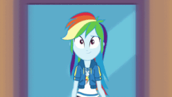 Size: 560x315 | Tagged: safe, screencap, rainbow dash, equestria girls, equestria girls series, run to break free, spoiler:eqg series (season 2), animated, backpack, clothes, cute, daaaaaaaaaaaw, dashabetes, eyes closed, female, geode of super speed, hnnng, it's coming right at us, looking at you, magical geodes, open mouth, running, singing, solo, stretching, wristband