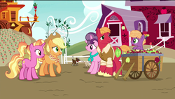 Size: 1920x1080 | Tagged: safe, edit, edited screencap, screencap, applejack, big macintosh, brandy (g4), dakota (g4), little mac, luster dawn, sugar belle, wichita (g4), dog, earth pony, pony, unicorn, g4, the last problem, apple, apple family, aunt and nephew, brother and sister, carrot, clothes, colt, farm, father and son, female, foal, food, granny smith's shawl, happy, husband and wife, male, mare, mother and son, older, older applejack, older big macintosh, older sugar belle, raised leg, removed eyebag edit, ship:sugarmac, shipping, siblings, smiling, stallion, straight, sweet apple acres, wagon