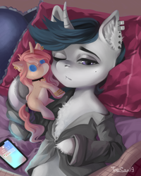 Size: 4000x5000 | Tagged: safe, artist:torisan, oc, oc only, pony, unicorn, bed, cellphone, chest fluff, clothes, ear piercing, earring, horn, jewelry, necklace, one eye closed, phone, piercing, pillow, plushie, sleepy, smartphone, solo, unicorn oc, wink, ych result