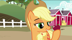 Size: 1920x1080 | Tagged: safe, screencap, applejack, earth pony, pony, g4, the last problem, apple, apple tree, female, food, hay, lidded eyes, mare, smiling, solo, sweet apple acres, tree