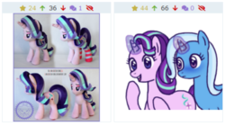 Size: 360x201 | Tagged: safe, starlight glimmer, trixie, pony, unicorn, derpibooru, g4, blushing, female, irl, juxtaposition, meme, meta, photo, plushie