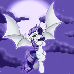 Size: 2500x2500 | Tagged: safe, artist:rurihal, rarity, alicorn, bat pony, bat pony alicorn, pony, g4, alicornified, bat ponified, beautiful, beautisexy, blushing, chest fluff, cloud, cute, ear fluff, female, full moon, high res, leg fluff, moon, night, race swap, raribat, raribetes, raricorn, sexy, sky, solo, spread wings, stars, wings