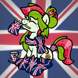 Size: 2100x2100 | Tagged: safe, artist:sjart117, oc, oc only, oc:watermelana, pegasus, pony, blushing, britain, british, clothes, coaster, cup, england, eyes closed, female, flag, food, freckles, happy, high res, mare, mouth hold, patriotic, patriotism, scarf, shoes, sitting, socks, solo, tea, teabag, teacup, union jack, united kingdom