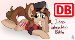 Size: 1709x919 | Tagged: safe, artist:rainbow eevee, pony, unicorn, clothes, cute, deutsche bahn, dialogue, female, german, germany, gradient background, hat, ponified, simple background, solo, text