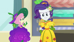 Size: 960x540 | Tagged: safe, screencap, fluttershy, rarity, equestria girls, equestria girls series, g4, holidays unwrapped, o come all ye squashful, spoiler:eqg series (season 2), animated, braid, clothes, cornucopia costumes, curtains, desk, dress, duo, duo female, fabric, female, flower, food, gem, gif, grapes, hat, inflatable, inflatable dress, inflating, inflation, leaf, skirt inflation, surprised, wall, window