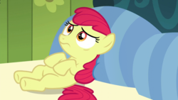 Size: 1280x720 | Tagged: safe, edit, edited screencap, editor:slayerbvc, screencap, apple bloom, earth pony, pony, bloom & gloom, g4, accessory-less edit, bed, female, filly, missing accessory, on back, pillow, solo