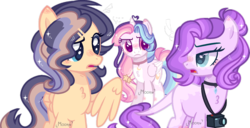 Size: 1248x640 | Tagged: safe, artist:moon-rose-rosie, oc, oc only, oc:bright dusk, oc:celestial moon, oc:esmeralda persephone, alicorn, dracony, hybrid, pegasus, pony, ahoge, base used, camera, chest fluff, choker, coat markings, colored eartips, dappled, facial markings, female, folded wings, hair bun, hairclip, interspecies offspring, leonine tail, lidded eyes, lightly watermarked, looking at each other, looking at someone, magical lesbian spawn, mare, offspring, parent:flash sentry, parent:rainbow dash, parent:rarity, parent:spike, parent:sunset shimmer, parent:twilight sparkle, parents:flashimmer, parents:sparity, parents:twidash, partially open wings, simple background, star (coat marking), tail, transparent background, trio, watermark, wings