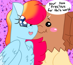 Size: 4500x4000 | Tagged: safe, artist:crazysketch101, oc, oc only, oc:crazy looncrest, oc:paper bag, earth pony, pegasus, pony, abstract background, blush sticker, blushing, chest fluff, commission, duo, female, mare, misspelling of you're, starry eyes, wingding eyes, ych result