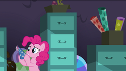 Size: 1920x1080 | Tagged: safe, screencap, pinkie pie, earth pony, pony, g4, the last problem, box, female, file, file cabinet, happy, hat, mare, party cave, party hat, smiling, solo, wrapping paper