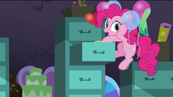 Size: 1920x1080 | Tagged: safe, screencap, pinkie pie, earth pony, pony, g4, the last problem, balloon, cake, female, file, file cabinet, food, happy, heart balloon, mare, party cave, smiling, solo, that pony sure does love balloons, wrapping paper