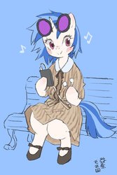Size: 800x1200 | Tagged: safe, artist:yanamosuda, dj pon-3, vinyl scratch, pony, unicorn, g4, bench, bipedal, blue background, blushing, clothes, cute, dexterous hooves, dress, earbuds, female, mare, music notes, music player, shoes, simple background, sitting, solo, vinylbetes