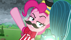 Size: 1920x1080 | Tagged: safe, screencap, pinkie pie, queen chrysalis, changeling, changeling queen, earth pony, pony, g4, season 9, the ending of the end, boater, bowtie, carny, evil smile, fake moustache, female, gesture, grin, grogar's bell, hat, lidded eyes, mare, png, raised eyebrow, raised hoof, smiling, striped shirt, ultimate chrysalis