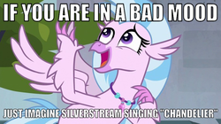 Size: 700x393 | Tagged: safe, edit, edited screencap, screencap, silverstream, hippogriff, g4, school daze, bronybait, caption, chandelier (song), female, image macro, jewelry, meme, necklace, open mouth, solo, spread wings, text, wings