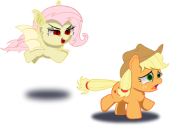 Size: 2070x1632 | Tagged: safe, artist:spellboundcanvas, applejack, fluttershy, bat pony, earth pony, pony, g4, bat ponified, chest fluff, cute, female, flutterbat, flying, freckles, mare, race swap, running, running away, shyabates, shyabetes, simple background, transparent background
