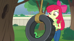 Size: 1920x1080 | Tagged: safe, screencap, apple bloom, colonel wigglesworth, worm, equestria girls, equestria girls series, g4, holidays unwrapped, the cider louse fools, spoiler:eqg series (season 2), animated, apple worm, cute, female, happy, inchworm, loop, no sound, outdoors, perfect loop, pet, playing, smiling, swing, tire, tire swing, webm