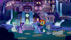 Size: 1920x1080 | Tagged: safe, screencap, maud pie, mudbriar, starlight glimmer, sunburst, terramar, trixie, earth pony, hippogriff, pony, unicorn, g4, student counsel, female, male, mare, open mouth, school of friendship, sitting, stallion