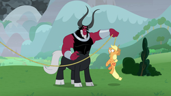 Size: 1920x1080 | Tagged: safe, screencap, applejack, lord tirek, centaur, earth pony, pony, g4, the ending of the end, annoyed, bush, cloven hooves, colored hooves, cowboy hat, female, hat, lasso, lifting, male, mare, mountain, mouth hold, nose piercing, nose ring, piercing, rope, septum piercing, tree, wide eyes