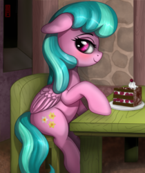 Size: 2340x2790 | Tagged: safe, artist:celsian, flower flight, pegasus, pony, background pony, blushing, cake, chair, cute, desk, female, floppy ears, food, high res, lidded eyes, looking at you, mare, our town, raised hoof, sitting, smiling, solo