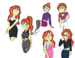 Size: 3300x2550 | Tagged: dead source, safe, artist:pettypop, sunset shimmer, equestria girls, g4, alternate hairstyle, boob window, clothes, female, high res, jacket, midriff, overalls, shoes, short shirt, sneakers, solo, sunglasses