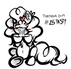 Size: 3327x3234 | Tagged: safe, artist:coco-drillo, pinkie pie, earth pony, pony, g4, belly button, blushing, chest fluff, cupcake, ear fluff, female, food, heart, high res, inktober, monochrome, pinktober, sitting, solo, tasty