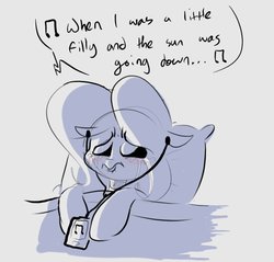 Size: 1100x1050 | Tagged: safe, artist:hattsy, oc, oc only, pony, blanket, crying, earbuds, laughter song, male, mp3 player, music, pillow, solo, song