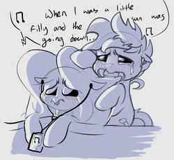 Size: 1144x1050 | Tagged: safe, artist:hattsy, artist:maren, oc, oc only, oc:blue chewings, pony, airpods, blanket, crying, earbuds, laughter song, male, mp3 player, music, pillow, simple background, song, white background