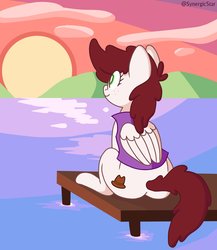 Size: 2600x3000 | Tagged: safe, artist:synergicstar, oc, oc only, oc:graph travel, pegasus, pony, clothes, cloud, female, freckles, high res, mare, mountain, ocean, pier, sitting, smiling, solo, sunset, vest