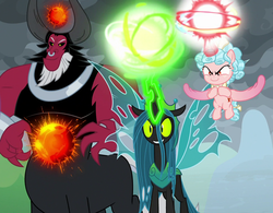 Size: 1364x1062 | Tagged: safe, screencap, cozy glow, lord tirek, queen chrysalis, alicorn, centaur, changeling, pony, g4, the ending of the end, alicornified, armor, belly, bow, cozycorn, cropped, female, filly, flying, glowing horn, horn, magic, magic orb, male, powering up, race swap, tail bow, trio, uh oh, ultimate chrysalis, well fuck