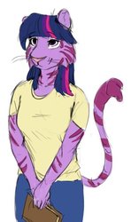 Size: 394x664 | Tagged: safe, artist:anticular, twilight sparkle, big cat, tiger, anthro, g4, book, clothes, context in source, ear fluff, female, furry, inside joke, lidded eyes, shirt, simple background, smiling, solo, species swap, twiger, white background