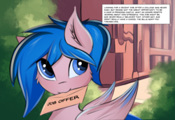 Size: 2026x1395 | Tagged: safe, artist:twiren, oc, oc:rennie, pegasus, pony, comic:the royal business, announcement, cheek fluff, comic, ear fluff, female, fluffy, letter, mouth hold, ponytail, solo, text, wings