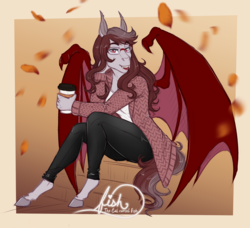 Size: 3299x3009 | Tagged: safe, artist:askbubblelee, oc, oc only, oc:scarlet quill, bat pony, anthro, unguligrade anthro, anthro oc, autumn, bat pony oc, clothes, coffee, coffee cup, commission, cup, fangs, glasses, high res, leaf, leaves, pants, shirt, signature, sitting, slit pupils, smiling, solo, sweater