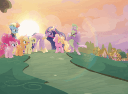 Size: 1000x736 | Tagged: safe, screencap, applejack, fluttershy, luster dawn, pinkie pie, rainbow dash, rarity, spike, twilight sparkle, alicorn, dragon, earth pony, pony, unicorn, g4, the last problem, animated, cropped, cute, gif, gigachad spike, goodbye, hopping, horses doing horse things, jumping, lusterbetes, older, older applejack, older fluttershy, older pinkie pie, older rainbow dash, older rarity, older spike, older twilight, older twilight sparkle (alicorn), princess twilight 2.0, pronking, twilight sparkle (alicorn)