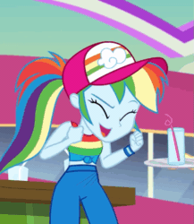 Size: 575x662 | Tagged: safe, screencap, rainbow dash, equestria girls, equestria girls series, g4, spring breakdown, spoiler:eqg series (season 2), animated, armpits, arms in the air, baseball cap, big smile, cap, clenched fist, clothes, cropped, cute, dashabetes, female, geode of empathy, geode of fauna, geode of sugar bombs, geode of super speed, geode of super strength, geode of telekinesis, hands in the air, hat, magical geodes, ponytail, shirt, sleeveless, sleeveless shirt, tank top