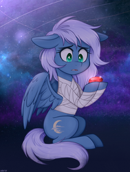 Size: 2000x2650 | Tagged: safe, artist:higglytownhero, oc, oc only, oc:vesperal breeze, pegasus, pony, bandage, commission, complex background, dreamscape, fanfic art, female, gem, high res, horrified, mare, ruby, sitting, sky, solo, stars, worried