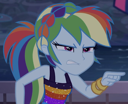 Size: 842x683 | Tagged: safe, screencap, rainbow dash, equestria girls, equestria girls series, g4, spring breakdown, spoiler:eqg series (season 2), angry, beautiful, cropped, female, pointing, sleeveless, solo