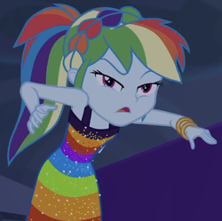 Size: 586x584 | Tagged: safe, screencap, rainbow dash, equestria girls, equestria girls specials, g4, my little pony equestria girls: better together, my little pony equestria girls: spring breakdown, armpits, blinking, bracelet, clothes, cropped, cruise concert outfit, dress, faic, female, jewelry, ponytail, rainbow dash is best facemaker, sleeveless, sleeveless dress, solo, spooky