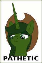 Size: 987x1495 | Tagged: safe, artist:grypher, oc, oc only, oc:sheriff green, alicorn, pony, fallout equestria, fallout equestria: red 36, alicorn oc, artificial alicorn, braid, cowboy hat, fanfic art, frown, green alicorn (fo:e), hat, lidded eyes, meme, pathetic, simple background, unimpressed