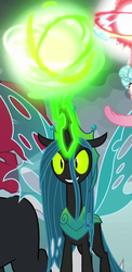 Size: 513x1053 | Tagged: safe, screencap, cozy glow, lord tirek, queen chrysalis, alicorn, centaur, changeling, changeling queen, pony, g4, the ending of the end, alicornified, cropped, evil smile, female, filly, flying, former queen chrysalis, glowing horn, grin, horn, magic, magic orb, male, powering up, race swap, smiling, solo focus, spread wings, trio, ultimate chrysalis, wings