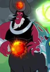 Size: 731x1059 | Tagged: safe, screencap, lord tirek, queen chrysalis, centaur, changeling, changeling queen, g4, the ending of the end, cropped, duo, evil grin, female, former queen chrysalis, grin, magic, magic orb, male, nose piercing, nose ring, piercing, powering up, septum piercing, smiling, solo focus, ultimate chrysalis