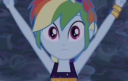 Size: 1314x828 | Tagged: safe, screencap, rainbow dash, equestria girls, equestria girls series, equestria girls specials, g4, spring breakdown, spoiler:eqg series (season 2), :|, armpits, arms in the air, bare shoulders, bracelet, braid, close-up, clothes, cloud, cloudy, confused, cropped, cruise concert outfit, cruise outfit, dress, female, geode of super speed, hands in the air, jewelry, magical geodes, sleeveless, sleeveless dress, solo, stormcloud