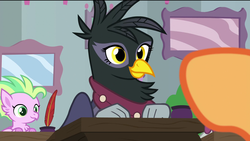 Size: 1920x1080 | Tagged: safe, screencap, georgia, poppy seagrass, scootaloo, griffon, hippogriff, pegasus, pony, g4, the last problem, background griffon, background hippogriff, beak, clothes, desk, female, fledgeling, quill, quill pen, scarf, school of friendship