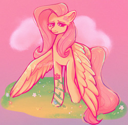 Size: 1280x1248 | Tagged: safe, artist:tailsmaster, fluttershy, pegasus, pony, g4, cloud, cute, ear fluff, female, flower, flower in hair, looking away, mare, shyabetes, solo, spread wings, standing, three quarter view, wings, wings down