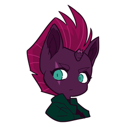 Size: 1280x1280 | Tagged: dead source, safe, artist:wickercrow, tempest shadow, pony, g4, ambiguous facial structure, broken horn, bust, clothes, ear fluff, eye scar, eyebrows, female, horn, jacket, no nose, portrait, scar, simple background, solo, white background