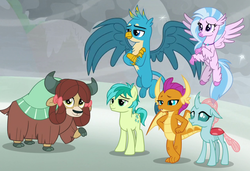 Size: 1281x875 | Tagged: safe, screencap, gallus, ocellus, sandbar, silverstream, smolder, yona, changedling, changeling, classical hippogriff, dragon, earth pony, griffon, hippogriff, pony, yak, g4, the ending of the end, animation error, best friends, bow, cloven hooves, colored hooves, cropped, crossed arms, crossed legs, dragoness, female, flying, hair bow, hand on hip, horns, jewelry, lidded eyes, male, monkey swings, necklace, raised eyebrow, size difference, smiling, smugder, spread wings, student six, teenaged dragon, teenager, wings