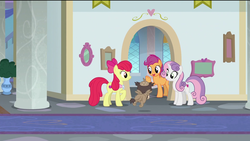Size: 1920x1080 | Tagged: safe, screencap, apple bloom, garrick, scootaloo, sweetie belle, earth pony, griffon, pegasus, pony, unicorn, g4, the last problem, background griffon, chickub, clothes, goldie delicious' shawl, older, older apple bloom, older cmc, older scootaloo, older sweetie belle, school of friendship, shawl
