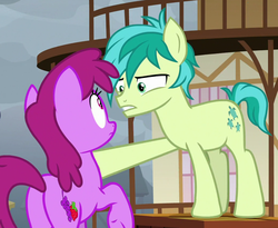Size: 1033x847 | Tagged: safe, screencap, berry punch, berryshine, sandbar, pony, g4, the ending of the end, cropped, duo, eye contact, female, looking at each other, male, mare, narrowed eyes, ponyville, ponyville town hall, soapbox, teenager, wide eyes