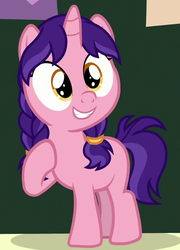Size: 649x899 | Tagged: safe, screencap, raspberry dazzle, pony, unicorn, g4, the ending of the end, braid, cropped, female, filly, hoof on chest, ponytail, smiling, solo