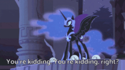 Size: 536x301 | Tagged: safe, edit, edited screencap, screencap, nightmare moon, alicorn, pony, friendship is magic, g4, animated, caption, castle of the royal pony sisters, dialogue, element of generosity, element of honesty, element of kindness, element of laughter, element of loyalty, elements of harmony, ethereal mane, eyeshadow, female, helmet, hoof shoes, jewelry, makeup, mare, raised hoof, reaction image, regalia, solo, spread wings, squint, starry mane, subtitles, text, wings