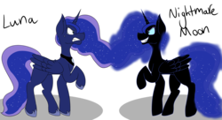 Size: 6000x3265 | Tagged: safe, artist:dah-vee, nightmare moon, princess luna, alicorn, pony, g4, confrontation, crying, dr jekyll and mr hyde, duality, duo, ethereal mane, female, grin, gritted teeth, looking at each other, mare, missing accessory, narrowed eyes, nightmare luna, peytral, raised hoof, simple background, smiling, transparent background